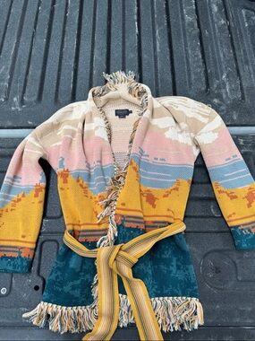 Pendleton Cream Knit Cardigan with Multicolor Fringe
